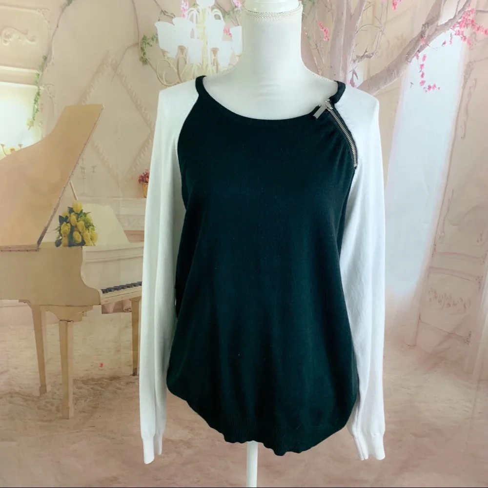 Michael Kors Black White Color block Zipper Sweater